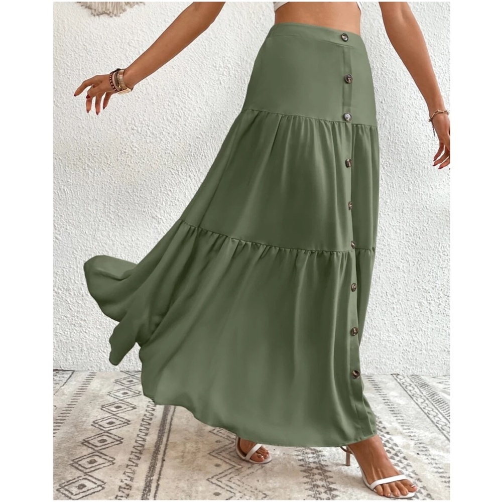 Solid High Waist Button Detail Ruffle Hem Maxi Skirt - Picture 14 of 15